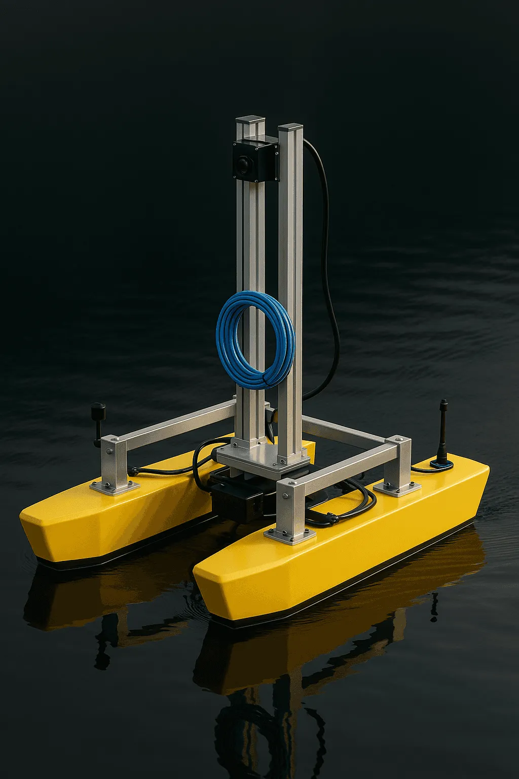 The ShoreScore autonomous surface vessel — a yellow twin-hull catamaran carrying sonar and underwater camera equipment — floating on calm dark water.